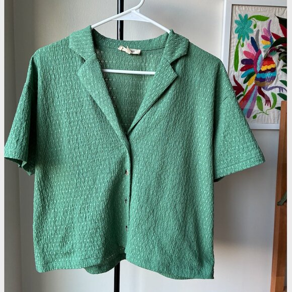 Madewell Green Crinkle-Knit Short Sleeve Button-Front Top - Picture 5 of 12